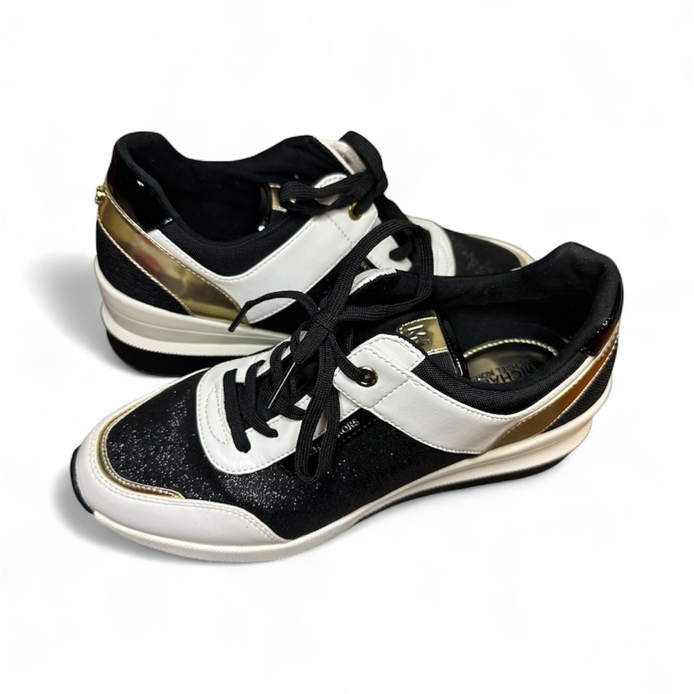 Michael Kors Women's Wedge Sneakers Textile Black/Optic White/Gold Size 9